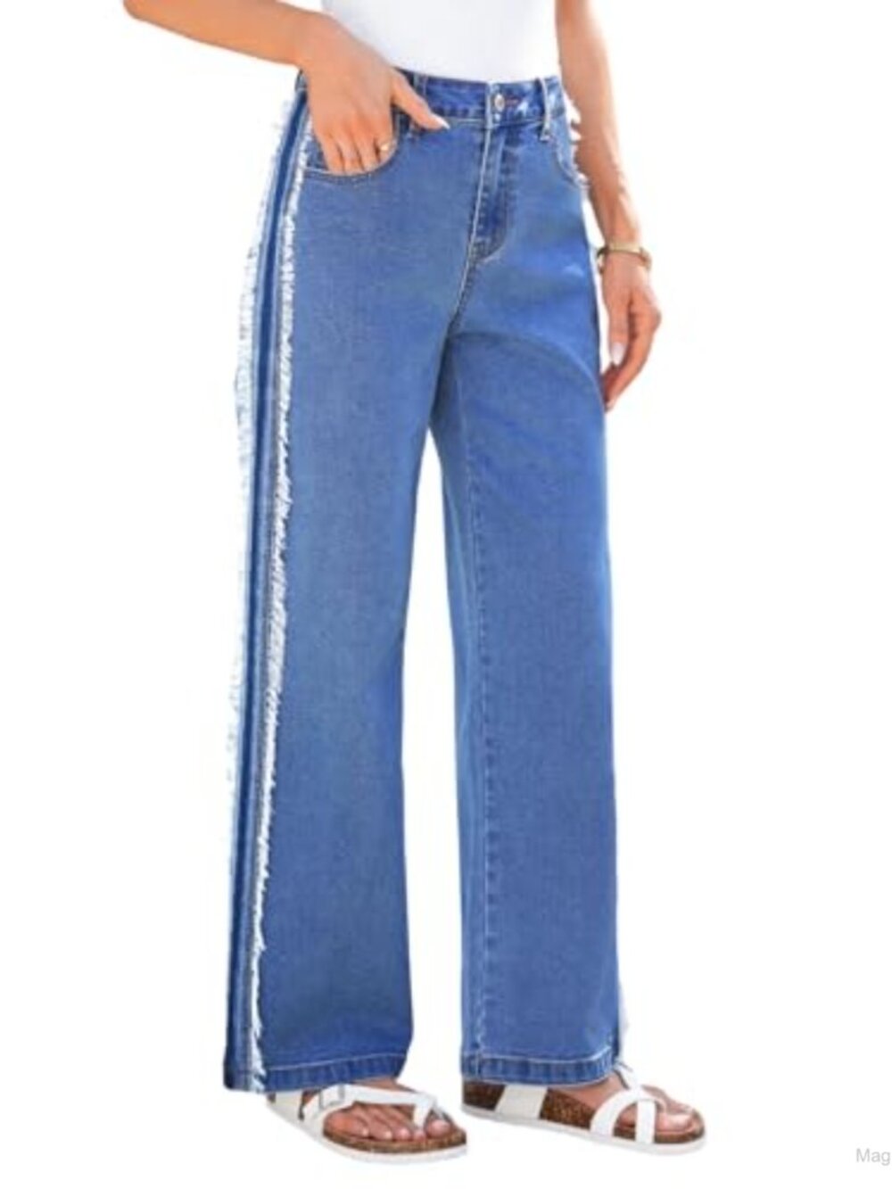 Wide Leg High Rise Patchwork Jeans with Pockets Stretch Denim